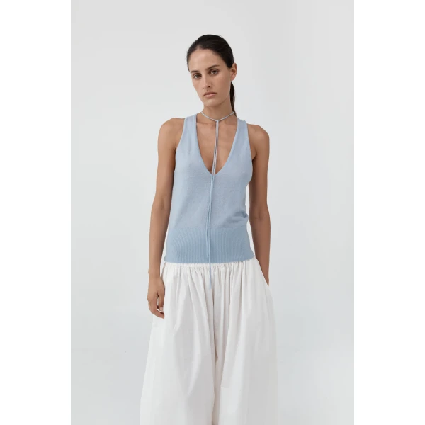 St. Agni Plunge Rouleau Knit Tie Top in Light Steel, view 2