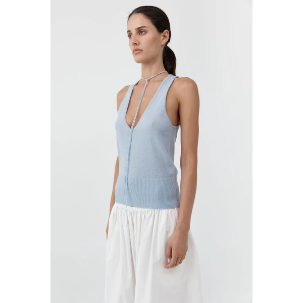 St. Agni Plunge Rouleau Knit Tie Top in Light Steel, view 6