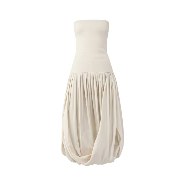 Raw Silk Asymm Balloon Dress in Cloud Cream