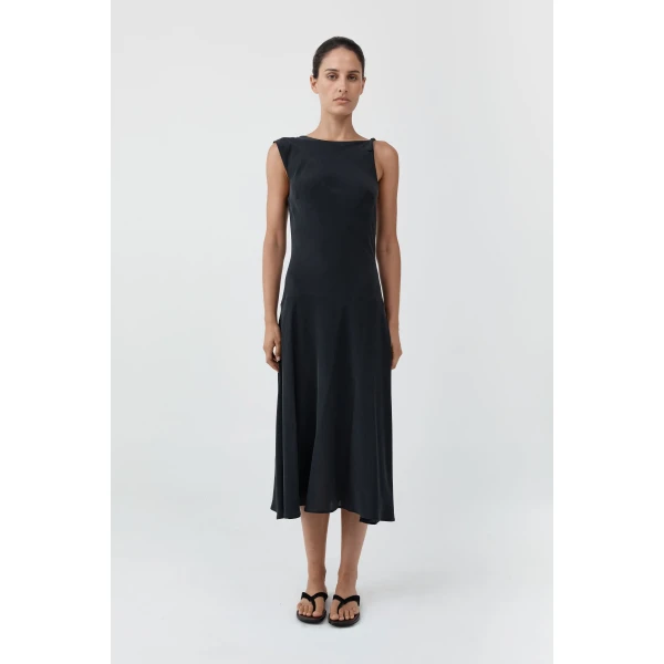 St. Agni Silk Drape Back Midi Dress in Black, view 2