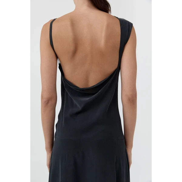 St. Agni Silk Drape Back Midi Dress in Black, view 3