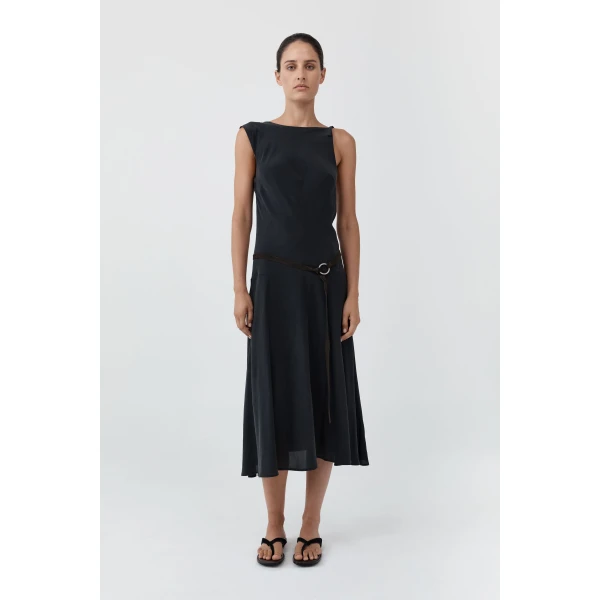 St. Agni Silk Drape Back Midi Dress in Black, view 4
