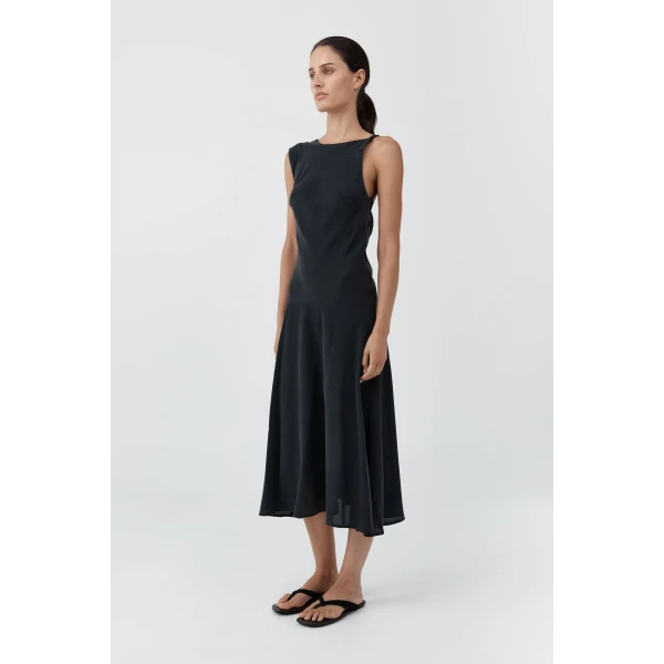 St. Agni Silk Drape Back Midi Dress in Black, view 5