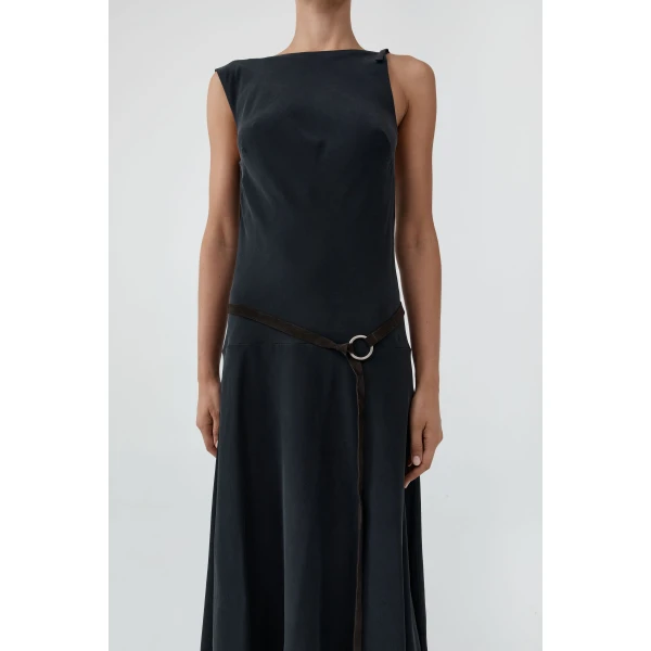 St. Agni Silk Drape Back Midi Dress in Black, view 6