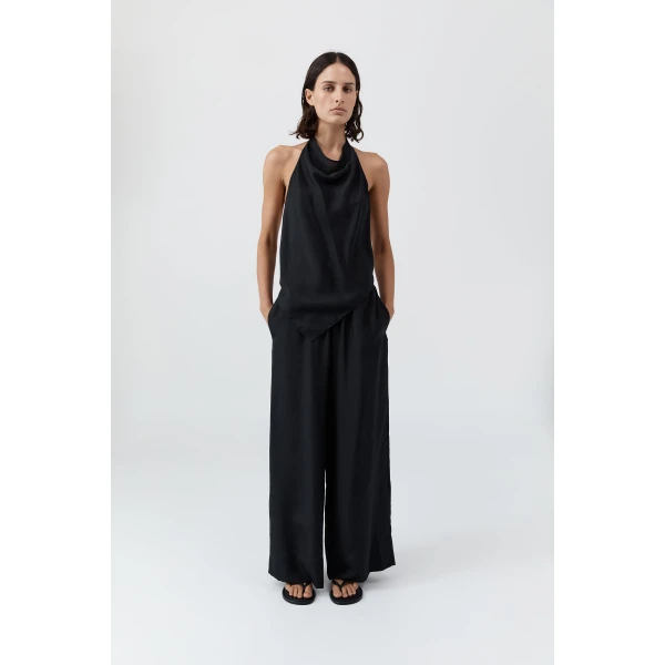 St. Agni Silk Grid Halter Top in Black, view 2