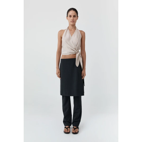 St. Agni Silk Halter Wrap Top in Soft Ash, view 2