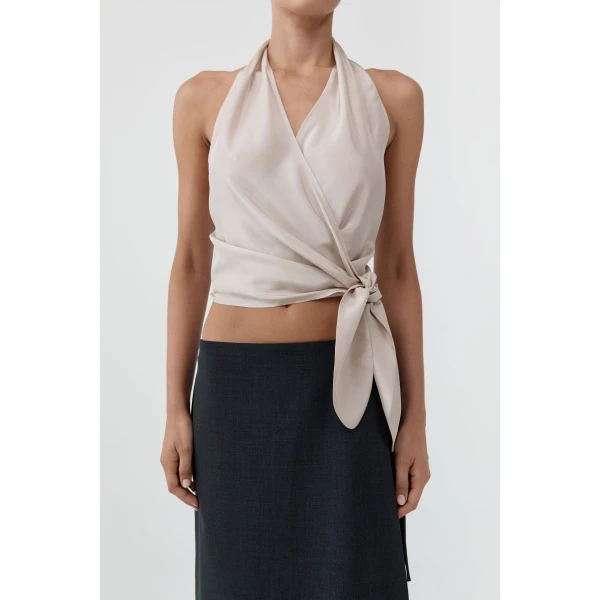 St. Agni Silk Halter Wrap Top in Soft Ash, view 3