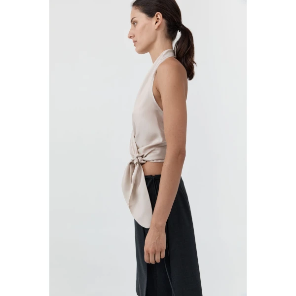 St. Agni Silk Halter Wrap Top in Soft Ash, view 4
