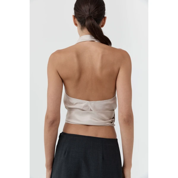 St. Agni Silk Halter Wrap Top in Soft Ash, view 5