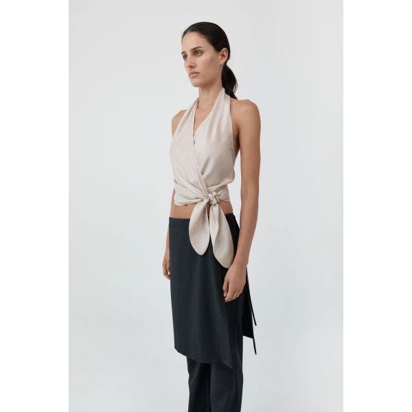 St. Agni Silk Halter Wrap Top in Soft Ash, view 6