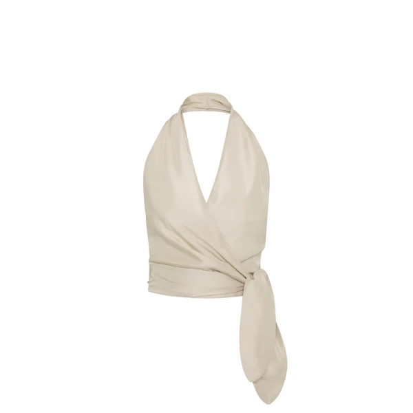 Silk Halter Wrap Top in Soft Ash