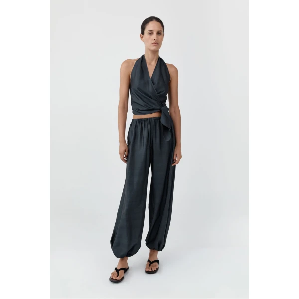 St. Agni Silk Halter Wrap Top in Washed Black, view 2