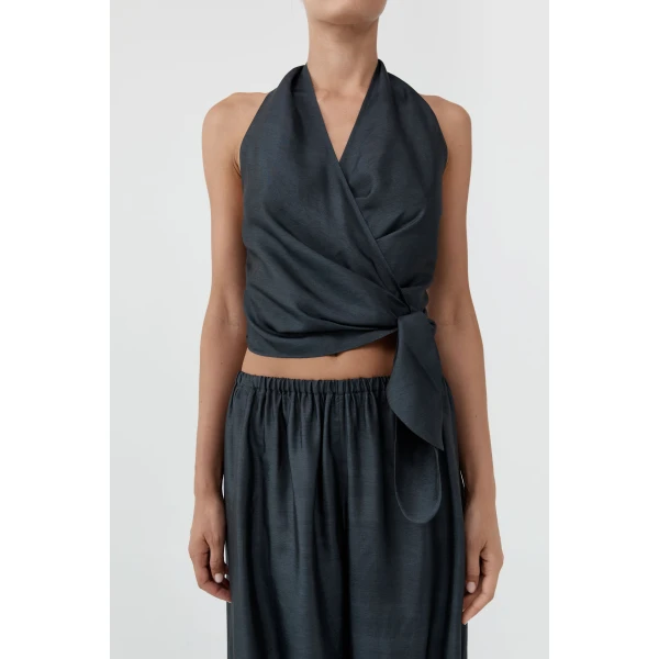 St. Agni Silk Halter Wrap Top in Washed Black, view 3