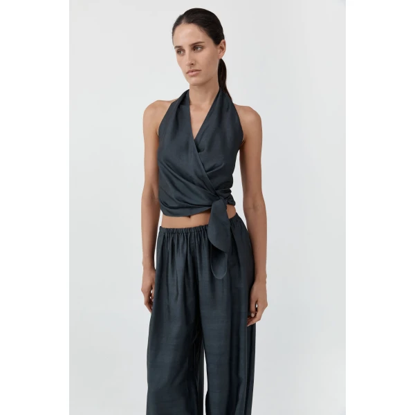 St. Agni Silk Halter Wrap Top in Washed Black, view 4