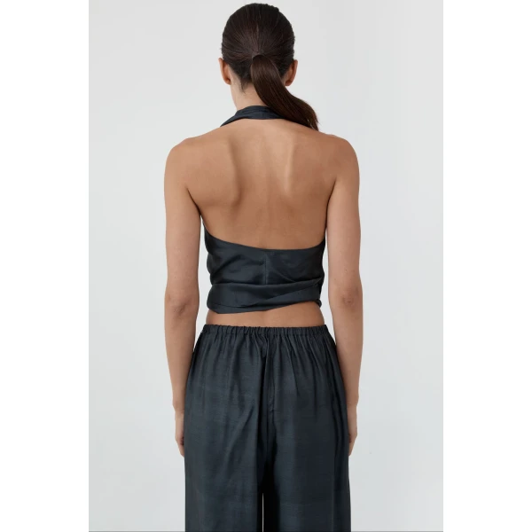 St. Agni Silk Halter Wrap Top in Washed Black, view 5
