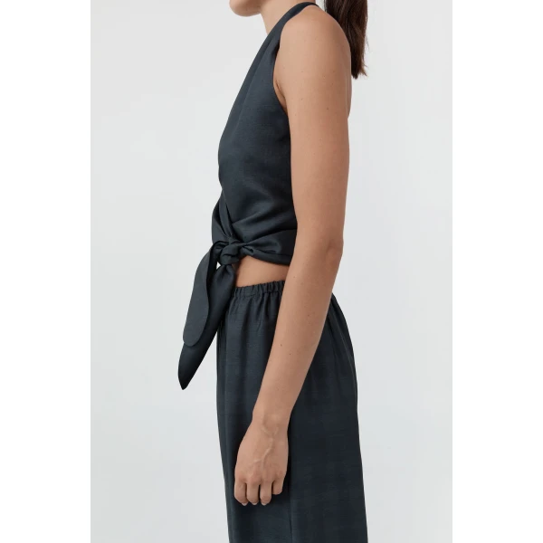 St. Agni Silk Halter Wrap Top in Washed Black, view 6