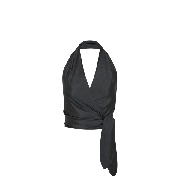 Silk Halter Wrap Top in Washed Black