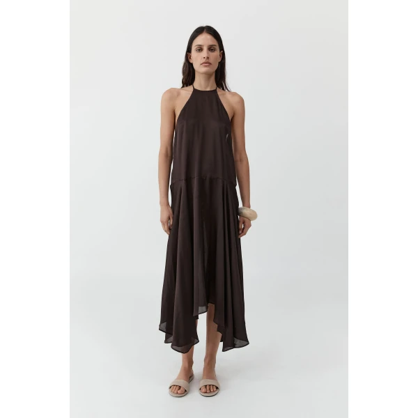 St. Agni Silk Handkerchief Halter Dress in Bark, view 2