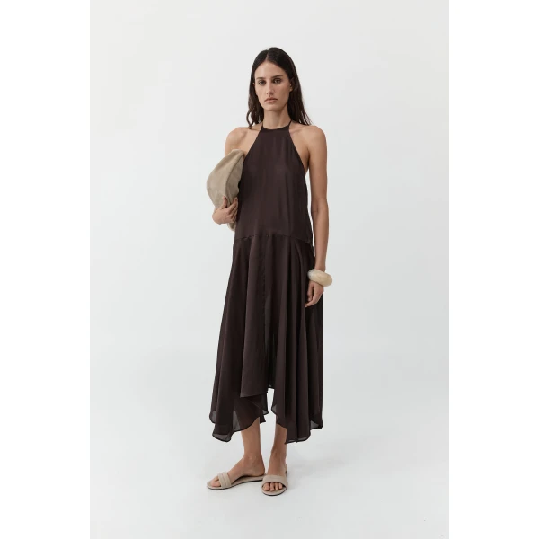 St. Agni Silk Handkerchief Halter Dress in Bark, view 3