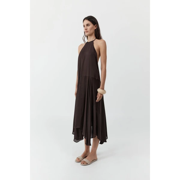 St. Agni Silk Handkerchief Halter Dress in Bark, view 4