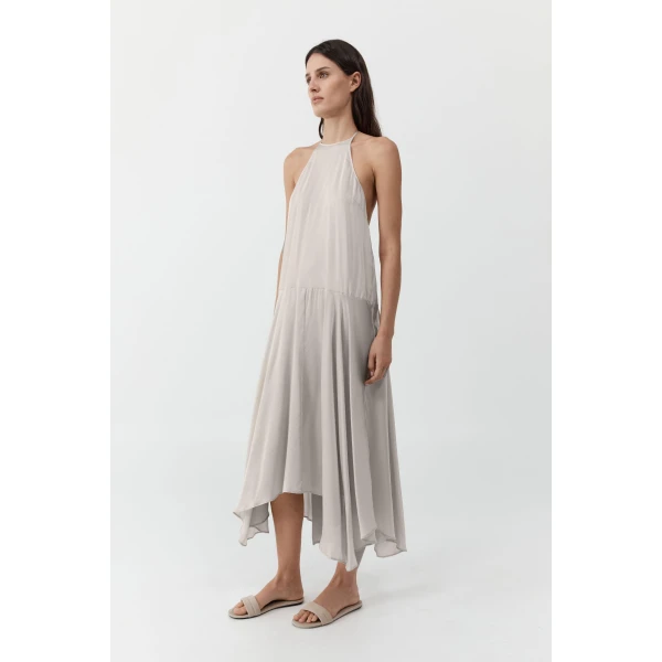 St. Agni Silk Handkerchief Halter Dress in Stone, view 2