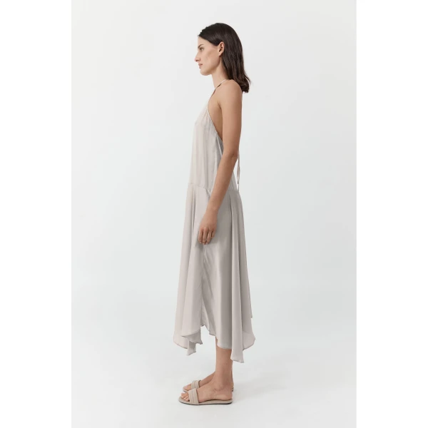 St. Agni Silk Handkerchief Halter Dress in Stone, view 3