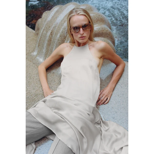 St. Agni Silk Handkerchief Halter Dress in Stone, view 5