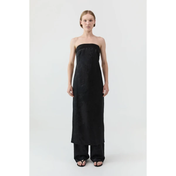St. Agni Silk Wool Jacquard Strapless Dress in Black, view 2