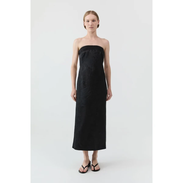 St. Agni Silk Wool Jacquard Strapless Dress in Black, view 3