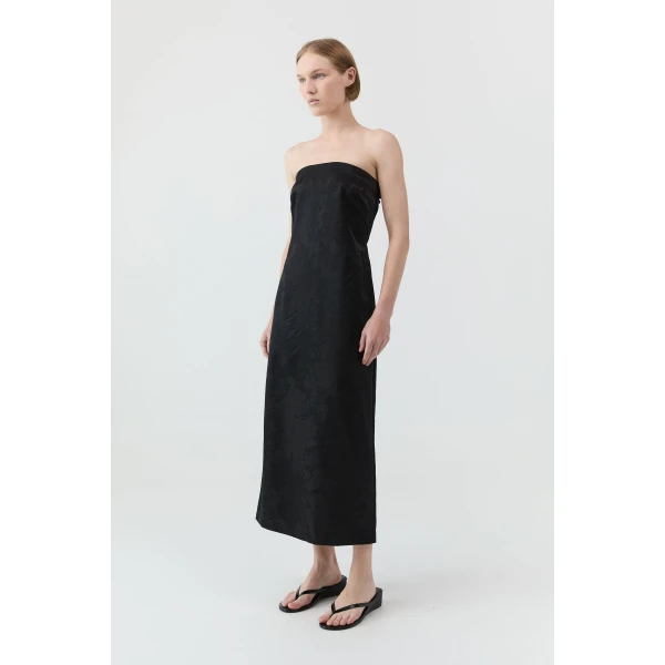 St. Agni Silk Wool Jacquard Strapless Dress in Black, view 4