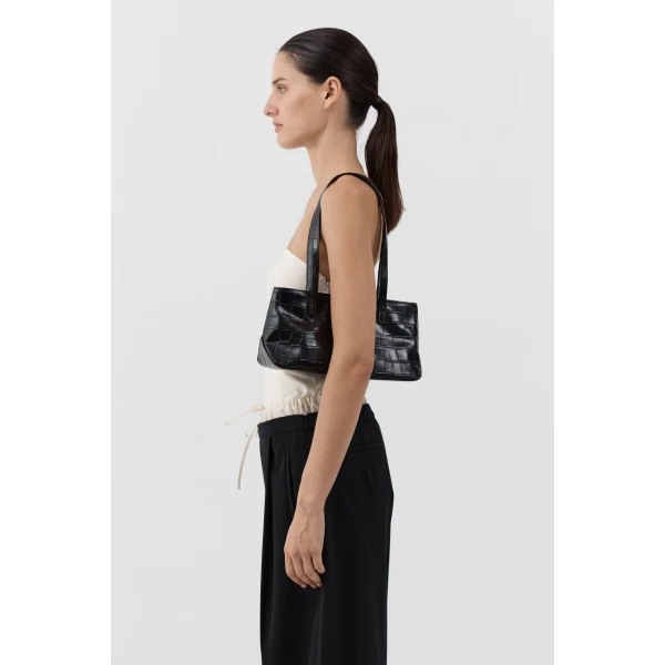 St. Agni Slim Shoulder Bag in Croc Embossed Black, view 3