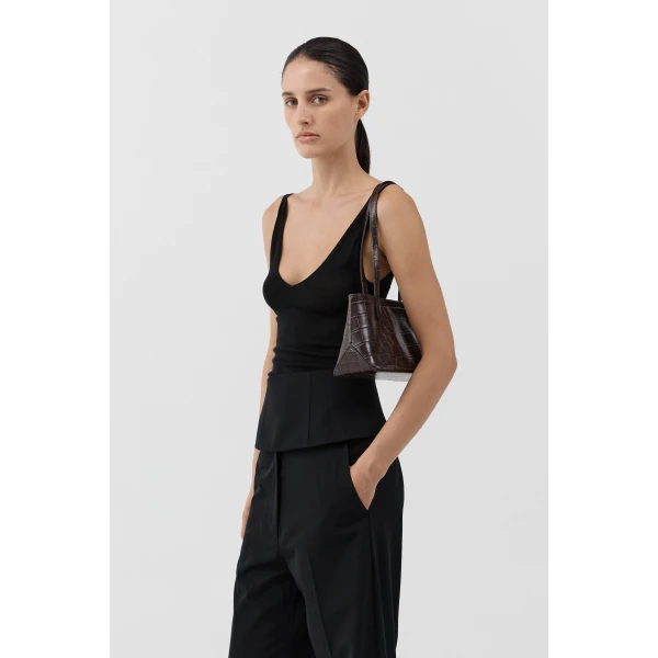 St. Agni Slim Shoulder Bag in Croc Embossed Coffee, view 4
