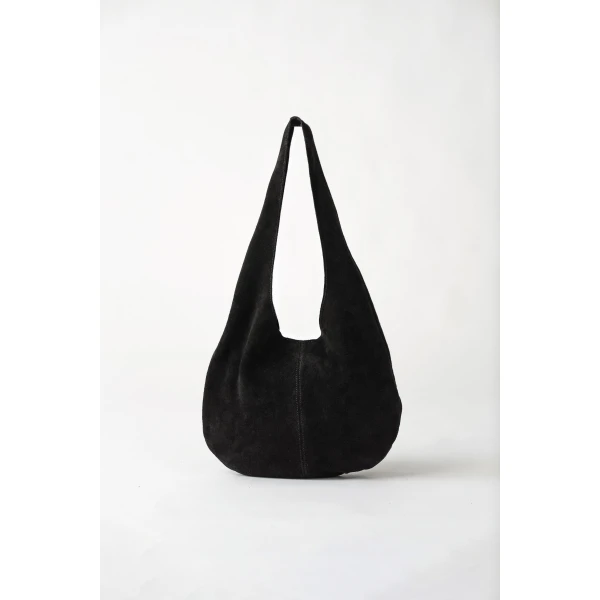 St. Agni Soft Oval Shoulder Bag in Black Suede, view 2