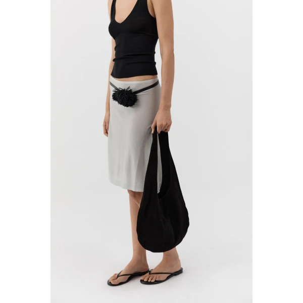 St. Agni Soft Oval Shoulder Bag in Black Suede, view 3