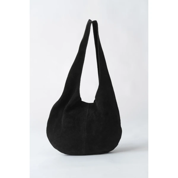 St. Agni Soft Oval Shoulder Bag in Black Suede, view 4