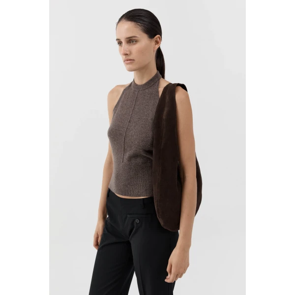 St. Agni Soft Oval Shoulder Bag in Coffee Suede, view 6