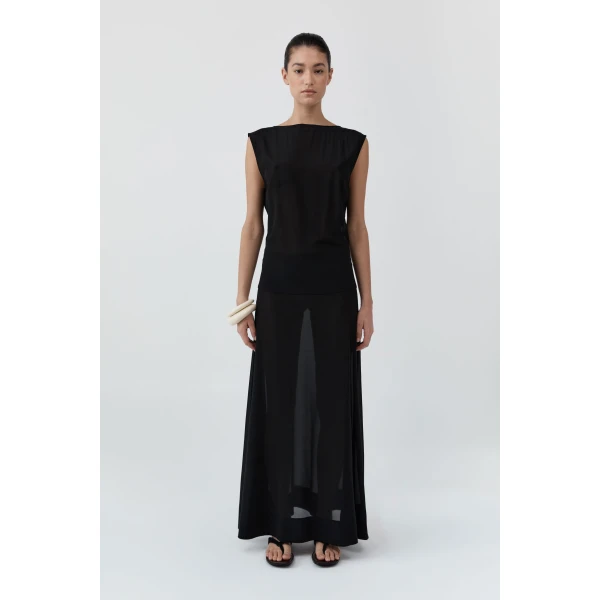 St. Agni Stretch Silk Bateau Dress in Black, view 2