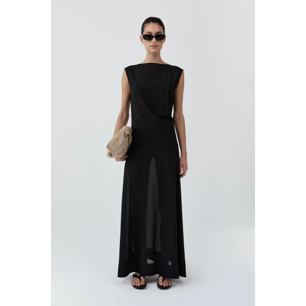 St. Agni Stretch Silk Bateau Dress in Black, view 4
