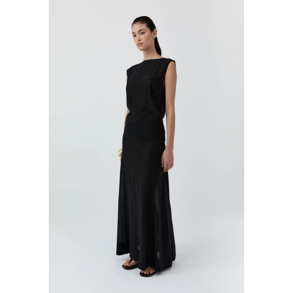 St. Agni Stretch Silk Bateau Dress in Black, view 5