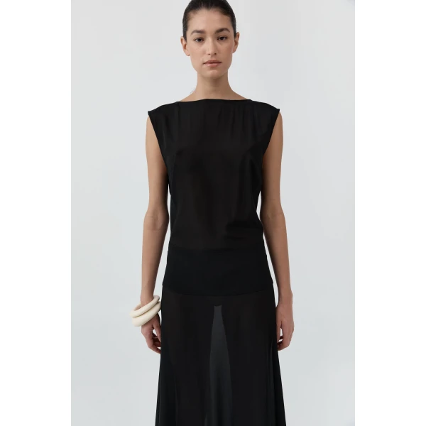 St. Agni Stretch Silk Bateau Dress in Black, view 6