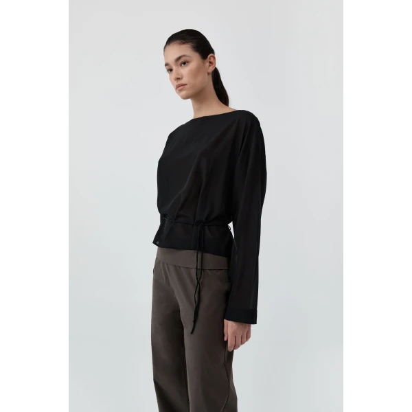 St. Agni Stretch Silk Bateau Top in Black, view 3