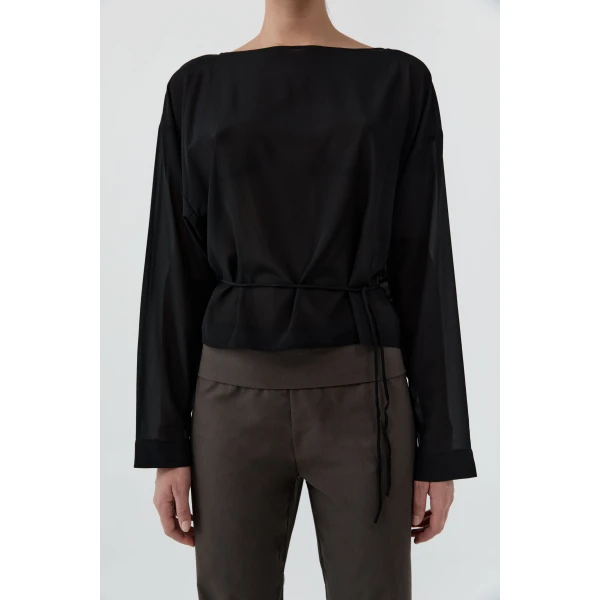 St. Agni Stretch Silk Bateau Top in Black, view 6
