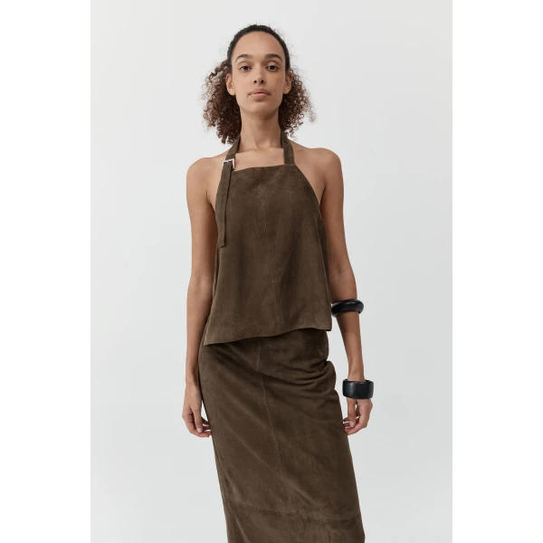 St. Agni Suede Apron Top in Khaki, view 2