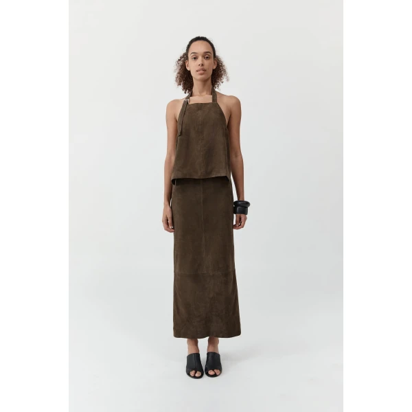 St. Agni Suede Apron Top in Khaki, view 3