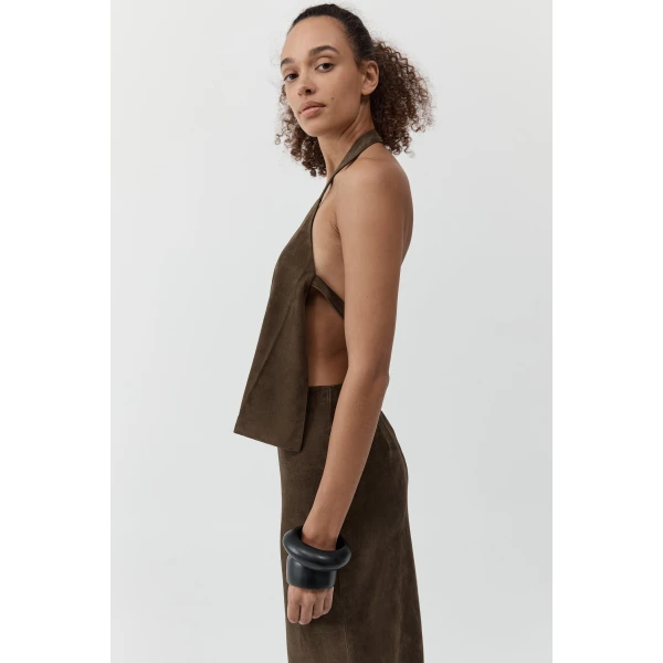 St. Agni Suede Apron Top in Khaki, view 4