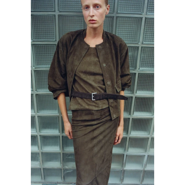 St. Agni Suede Apron Top in Khaki, view 5