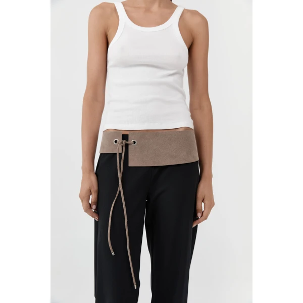 St. Agni Suede Asymmetric Belt in Almond, view 2