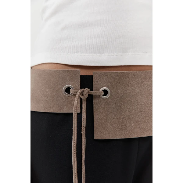 St. Agni Suede Asymmetric Belt in Almond, view 4