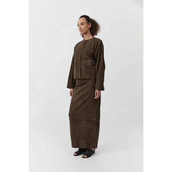 St. Agni Suede Column Skirt in Khaki, view 3