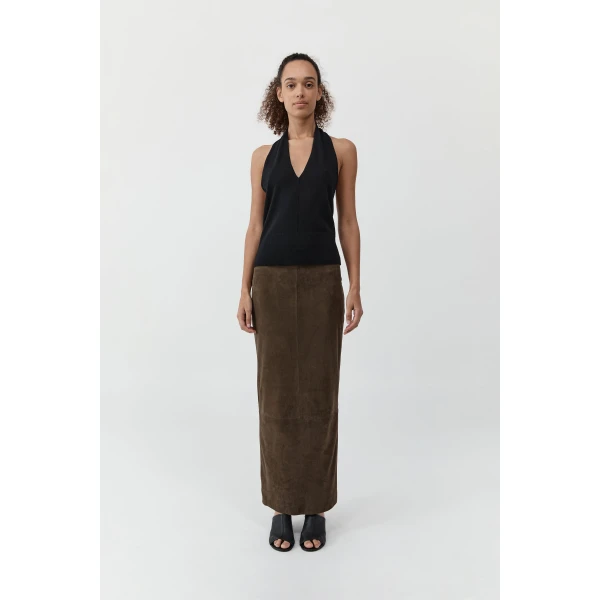 St. Agni Suede Column Skirt in Khaki, view 4